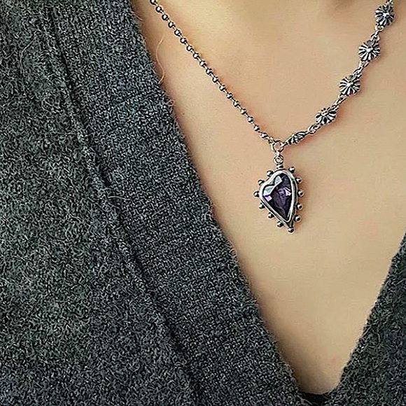 Heart Amethyst Sterling Silver Pendant Charm Punk Necklace - Picture 6 of 7